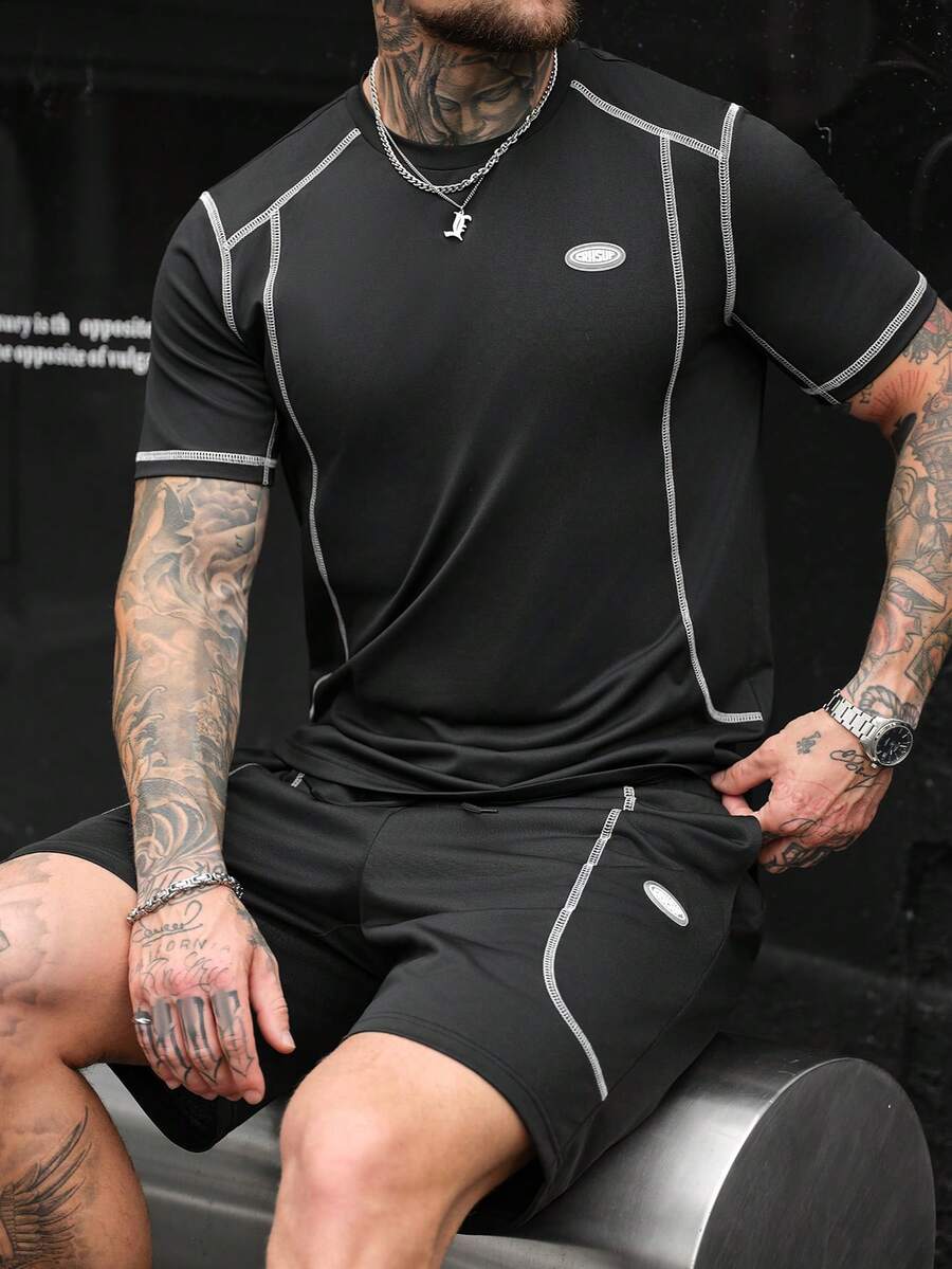 SLATEMANN Men's Contrast Stitching T-Shirt And Shorts Set - Black - View 1