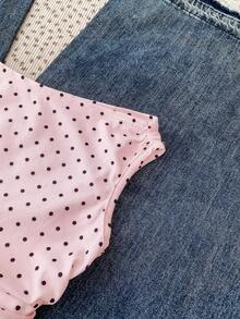 SHEIN Tween Girls' Pink Knit Casual Minimalist Polka Dot Print Asymmetric Ruched Cropped Top, Suitable For Spring/Summer, Casual, Personalized Styling, Daily Wear - Pink - View 3