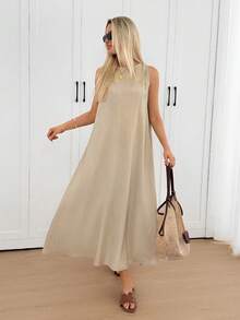 Easowa Loose Sleeveless Midi Dress With Irregular Hem, Pleated Back Tie, Textured Chiffon Fabric, Casual Relaxed Elegant Office/Vacation Wear For Women, Spring/Summer - Apricot - View 3