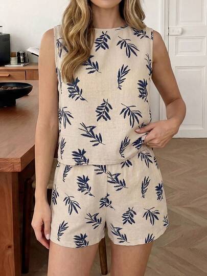 Easowa Round Neck Sleeveless Shirt And Elastic Waist Wide Leg Shorts Set, Embroidered Jacquard Printed Textured Fabric, Casual Relaxed Elegant Commute Resort Spring/Summer 2-Piece Set For Women