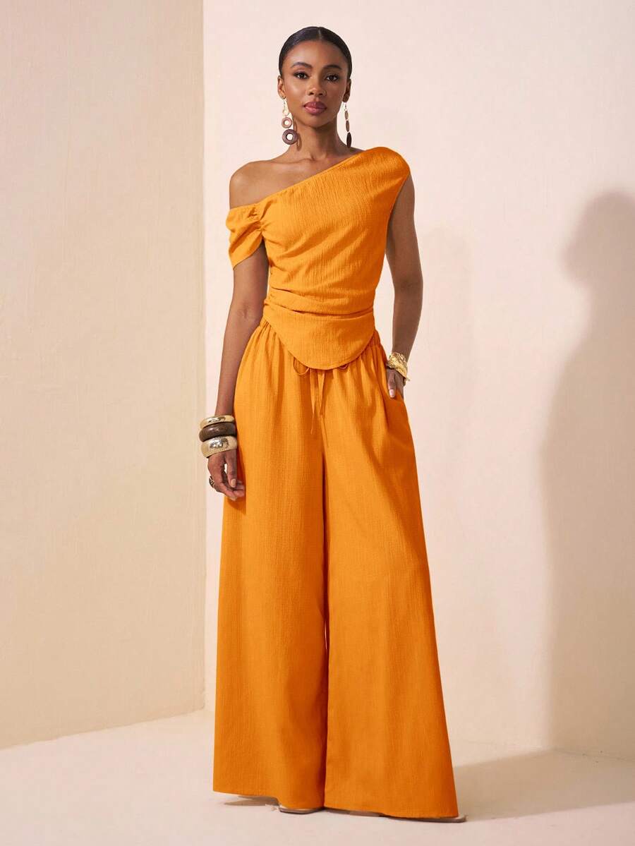 Zivah 2025 Spring/Summer New Music Festival, Easter, St. Patrick's Day, Western, Nomadic, Birthday Party, Graduation, College Style, Student Wear, Daily Casual, All-Match Versatile, Leisure, Cruise Travel, Beach, Sunbathing, Viral , Streetwear, Wedding Guest Boho, Commute, Brunch, Airport Outfit Apricot Asymmetric Shoulder Ruched Curved Hem Cropped Top And Wide Leg Pants Pocketed 2-Piece Textured Fabric Set - Orange - View 1