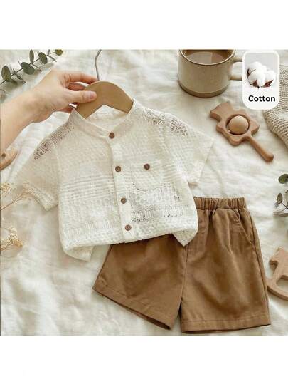  Loomiva Solid Color Mandarin Collar Short Sleeve Top With Bow Decor And Casual Shorts 2-Piece Set