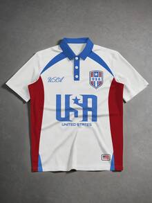Aesthetic Post 复古美国字母印花 Polo 衫，翻领短袖，红白蓝撞色休闲运动上衣，男士图案 T 恤，女士图案 T 恤，男士时尚运动上衣，足球/橄榄球男士短袖 Polo 衫 - 彩色 - 查看 4
