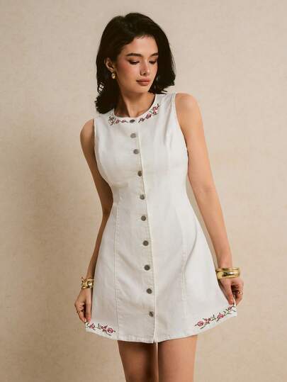 Poéselle Women's Floral Embroidered Single-Breasted Round Neck Sleeveless Casual Denim Dress