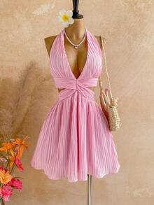 Soleia Vestido mini con abertura trasera y detalle de nudo en color amarillo pálido para mujer - Rosa - Ver 3