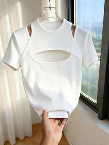 Franclia Fitted Sexy Front Hollow Out Short Sleeve 2 In 1 T-Shirt - White - View 4