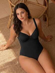 Swim Chiccia 大码女士纯色时尚连体泳衣 - 黑色 - 查看 4