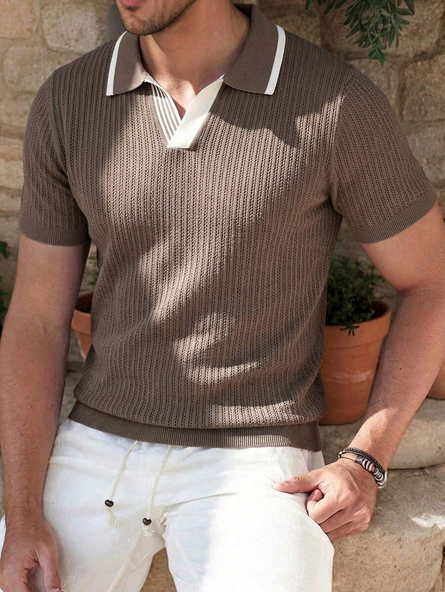 Manfinity Homme Men's Casual Contrast Collar Short Sleeve Knit Top, Spring/Summer Men Knit Shirt Polo Shirts For Men Collar Summer Wear For Men Men Knitted Polo Brown Polo Shirt Men Summeroutfit Brown Knit Short Sleeve Polo Men Knit Polo Mens Sweater Shirt Short Sleeve Brown Top Men Tan Tops For Men Polo Blouse For Men Mens Knitted Polo Casual Polo Shirt Men Polo Shirt For Men Mens Summer Polo - Multicolor - View 1