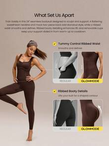 GLOWMODE 24英寸超细柔软无缝闪亮罗纹腰带可拆卸胸垫甜心领连体衣，适合中等强度训练、跑步、健身等。 - 棕色 - 查看 2