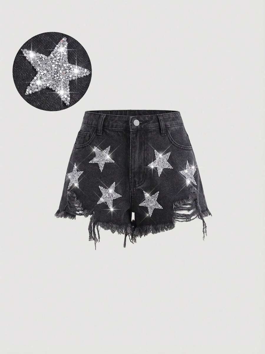 Girlism Tween Girl Star Pattern Summer Baggy Denim Shorts,Spring Break,Concert,Rave Festival,Rave,Beach - Grey - View 1
