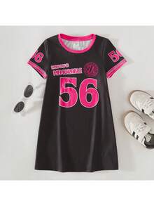 THE HAPPY LOOK Vestido casual recto de punto de cuello redondo de manga corta con patrón de letras, adecuado para salidas, juegos, fiestas, vacaciones, deportes ligeros y múltiples ocasiones, para niñas jóvenes - Multicolor - Ver 2