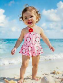 1 bộ áo tắm liền thân dệt kim in hoa cho bé gái, co giãn, nhanh khô, thoải mái, thích hợp cho hồ bơi, bãi biển, lướt sóng, kỳ nghỉ, du lịch mùa hè. - Hồng - Xem 3