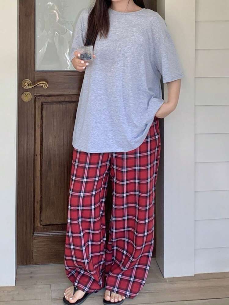 Dazy Plus Round Neck Loose Fit Pajama Set - Plaid Pants