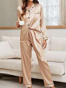 LuxeNights Contrast Piping Satin Pajama Set, Fall Winter Clothes Cozy And Elegant Details - Champagne - View 3