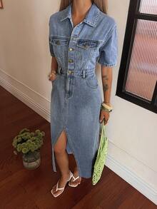 DAZY 女士休闲水洗牛仔连衣裙，带假口袋和开衩，夏季长款连衣裙 - 中等水洗藍 - 查看 7