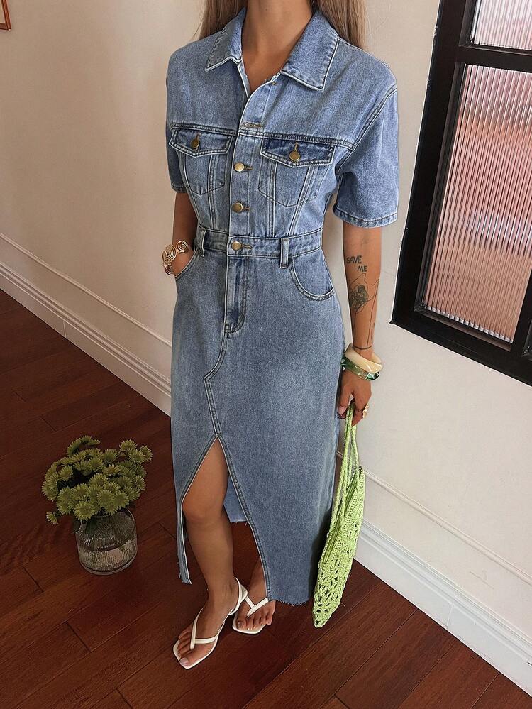 Women's Casual Washed Denim Dress With Faux Pockets & Slit, Summer Maxi Dress