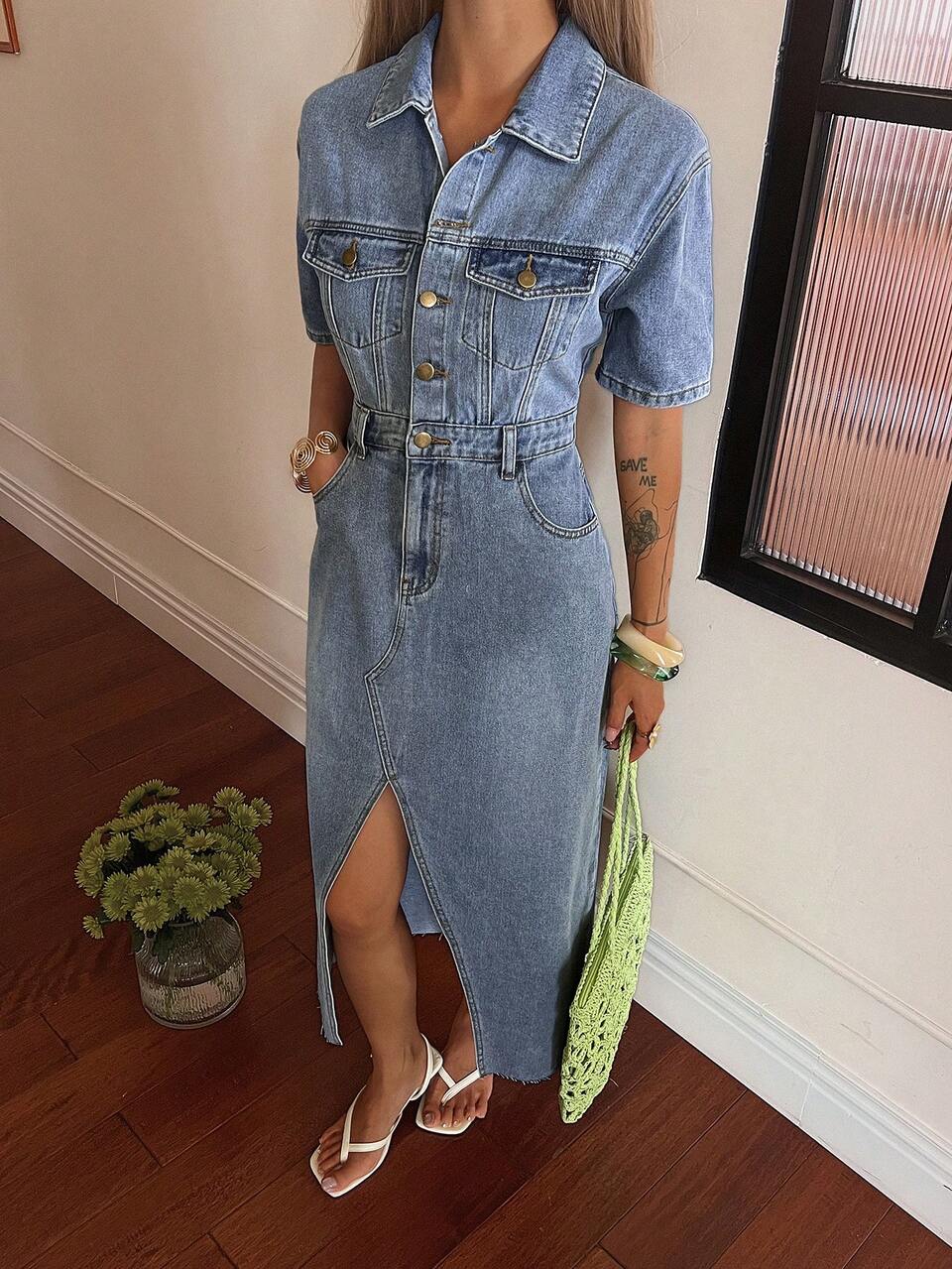 Women's Casual Washed Denim Dress With Faux Pockets & Slit, Summer Maxi Dress
