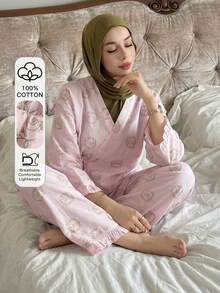 DAZY Sweet Pattern All-Over Print Frill Trim Loose Women Pajama Set - Pink - View 1