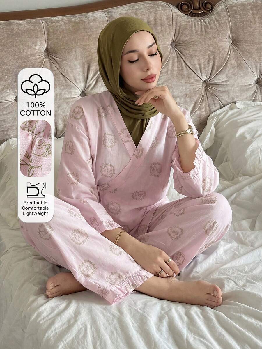 DAZY Sweet Pattern All-Over Print Frill Trim Loose Women Pajama Set - Pink - View 1