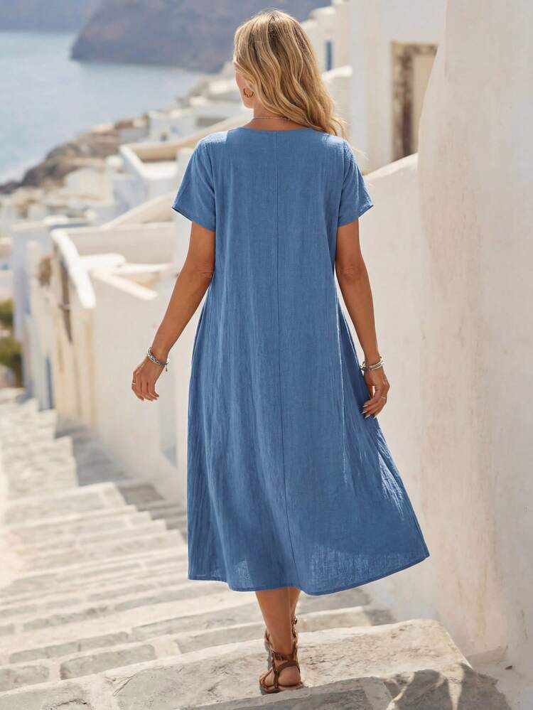 Solid Pocket Patched Pleated Detail Smock Dress Teacher Clothes,Summer Dresses
Spring Clothes