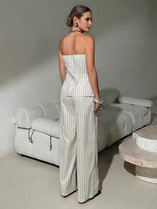 Lavishia 条纹前扣吊带背心和长裤套装，时尚通勤装。 - 杏色 - 查看 2