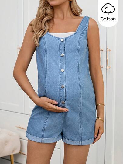 SHEIN Maternity Casual Denim Bib Pants For Summer Summer Carnival Costume Commuting Vacation Graduation Chic Y2k Cute Streetwear Party Wedding Elegant Business Casual Woman Blue Denim Maternity Shortall Jumpsuit For Women Square Neck Sleeveless Button Up Comfortable Romper Summer Wear Women's Light Blue Denim Maternity Overalls Casual Square Neck Button Front Sleeveless Jumpsuit Romper
