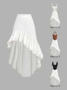 SHEIN MOD Women's White Asymmetric Ruffle Hem Midi Skirt - White - View 1