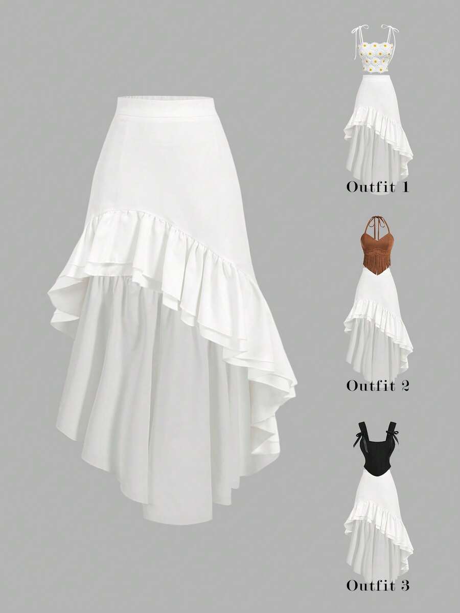 SHEIN MOD Women's White Asymmetric Ruffle Hem Midi Skirt - White - View 1