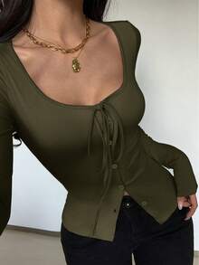 Chiquease Sexy Solid Color Knit Elastic Crew Neck Tie-Up Long Sleeve Fitted Button Decor Versatile Women T-Shirt Women Long Sleeve Tops Trending Tops For Women Casual Tops For Women Elegant - Army Green - View 3