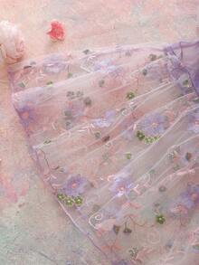 女士花卉刺绣网纱吊带裙 - 紫色 - 查看 7