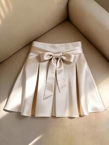 SHEIN ChicEase Chân váy mini xếp ly dáng chữ A cạp cao thắt nơ / Chân váy công sở đơn giản tối giản màu trơn - Màu be - Xem 4