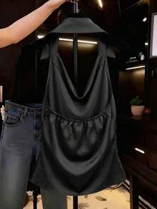 Franclia 夏季法式轻盈奢华设计时尚收腰无袖露背女式衬衫 - 黑色 - 查看 2