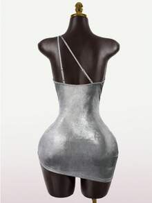 SaltGleam SaltGleam Vestido mini ajustado plisado con detalle de anillo redondo, moda de verano para mujer - Plateado - Ver 2