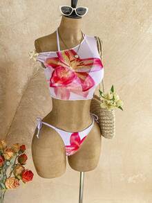 Soleia Bộ bikini gợi cảm mùa hè dành cho nữ, họa tiết hoa, kiểu buộc dây cổ, kèm áo khoác ngoài. - Nhiều màu - Xem 3