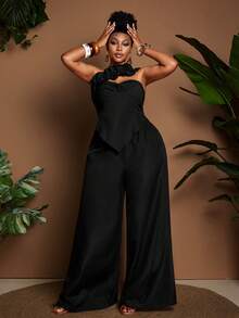 Maweii Bộ jumpsuit ống rộng màu đen xếp ly kiểu retro gợi cảm dành cho người có thân hình đầy đặn. - màu đen - Xem 4