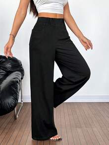 SHEIN PETITE Women's High Waist Pockets Wide Leg Loose Casual Jeans - Black - View 6