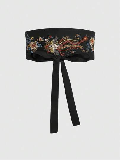 ROMWE 1Pc Black Retro Embroidery Phoenix Flower Pattern Tether Wide Belt Waist Corset, Simple And Versatile Women's Matching Single Item