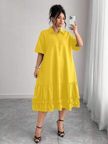 Elenzga 大码女式纯色短袖衬衫领荷叶边下摆休闲度假连衣裙 100% 女装 大码春季连衣裙 新款女式连衣裙 休闲亚麻大码连衣裙 大码女式夏季服装 - 黃色 - 查看 5