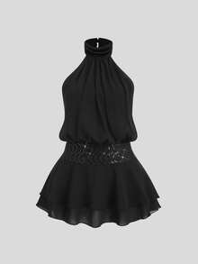 Sweetra 女士褶皱露背短款派对连衣裙 - 黑色 - 查看 1