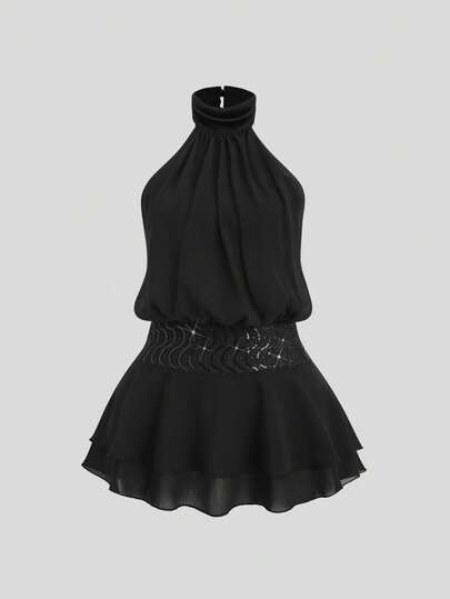 Sweetra 女士褶皱露背短款派对连衣裙