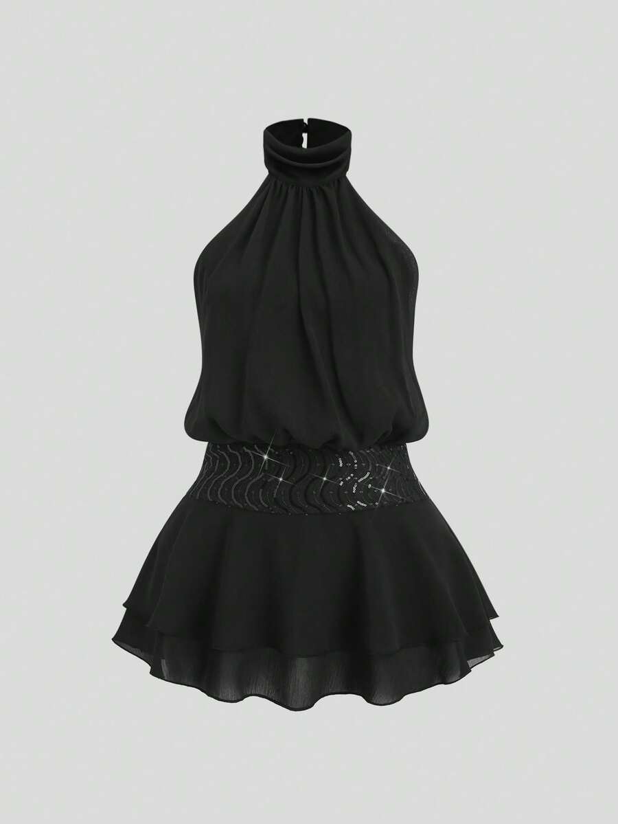 Sweetra Đầm dự tiệc ngắn cổ yếm xếp ly dành cho nữ - màu đen - Xem 1