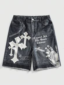 ROMWE MEN Street Life Teen Boy Letter & Cross Graphic Pocket Frayed Hem Casual Denim Shorts - Flint Stone - View 1