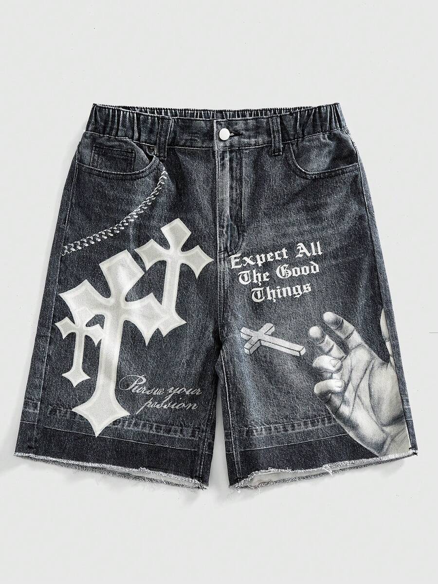 ROMWE MEN Street Life Teen Boy Letter & Cross Graphic Pocket Frayed Hem Casual Denim Shorts - Flint Stone - View 1