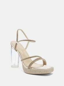 Glitzique Sandalias De Tacón Alto Para Mujer Con Diamantes De Imitación Transparentes, Punta Cuadrada, Plataforma Resistente Al Agua, Tacón Grueso, Correa De Hebilla Ajustable, Zapatos De Fiesta Sexy - Dorado - Ver 4