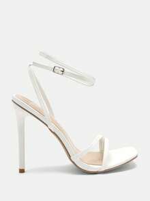 女士时尚高跟凉鞋，PU皮革绑带凉鞋，简约方头凉鞋，白色漆皮高跟凉鞋，细高跟凉鞋，夏季户外常规凉鞋，女士白色凉鞋，细高跟鞋 - 白色 - 查看 3