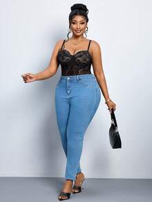 SHEIN PETITE CURVE 大码纯色透视蕾丝拼接性感时尚连体衣 - 黑色 - 查看 4