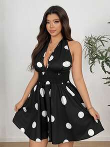 Sunnyshic Vestido corto de línea A con cintura fruncida y anudada, con estampado de lunares, para mujer de talla grande - Blanco y Negro - Ver 4