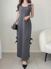 FRIFUL 2pcs Women Minimalist Commuter Front Button Jacket And Side Slit Dress Set - Grey - View 3