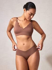 Veilyse 1pc Seamless Minimalist Wavy Edge Solid Color No Underwire Push Up Full Coverage Women Bra - Coffee Brown - View 5