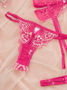 女士镂空花朵蕾丝性感内衣套装 - 玫紅色 - 查看 5